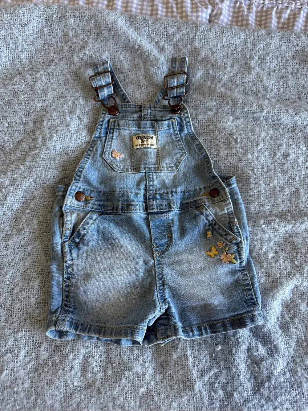 OshKosh B'gosh Light Blue Denim Short Overalls with Floral Embroidery